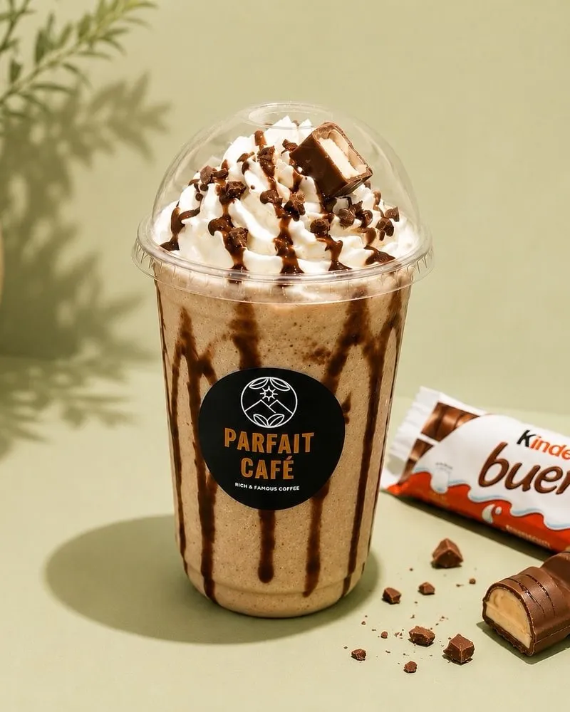 Kinder milkshake topped with cream and chocolate