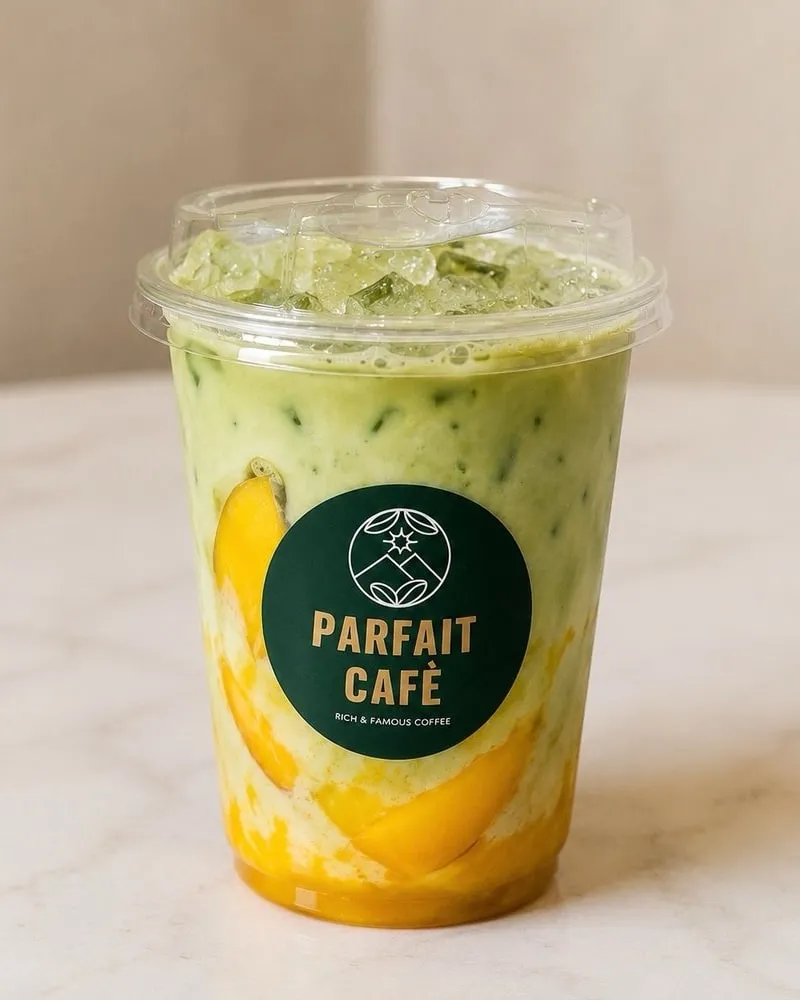 Iced matcha layered over fresh mango in a clear Parfait Café cup