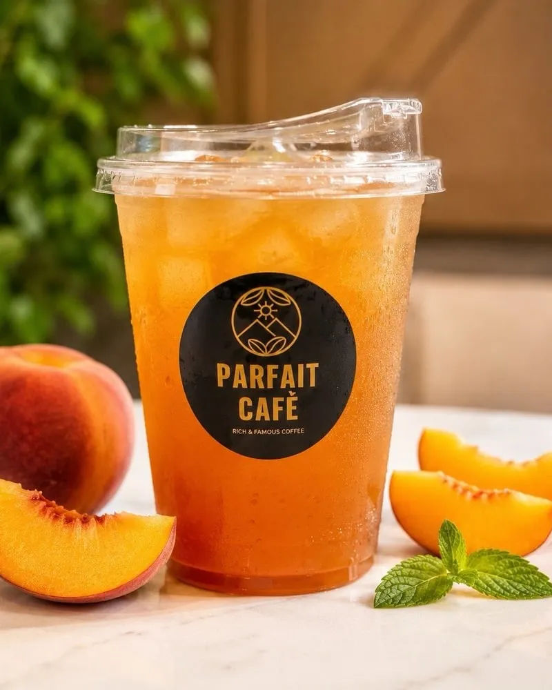Iced peach green tea with fresh peach slices