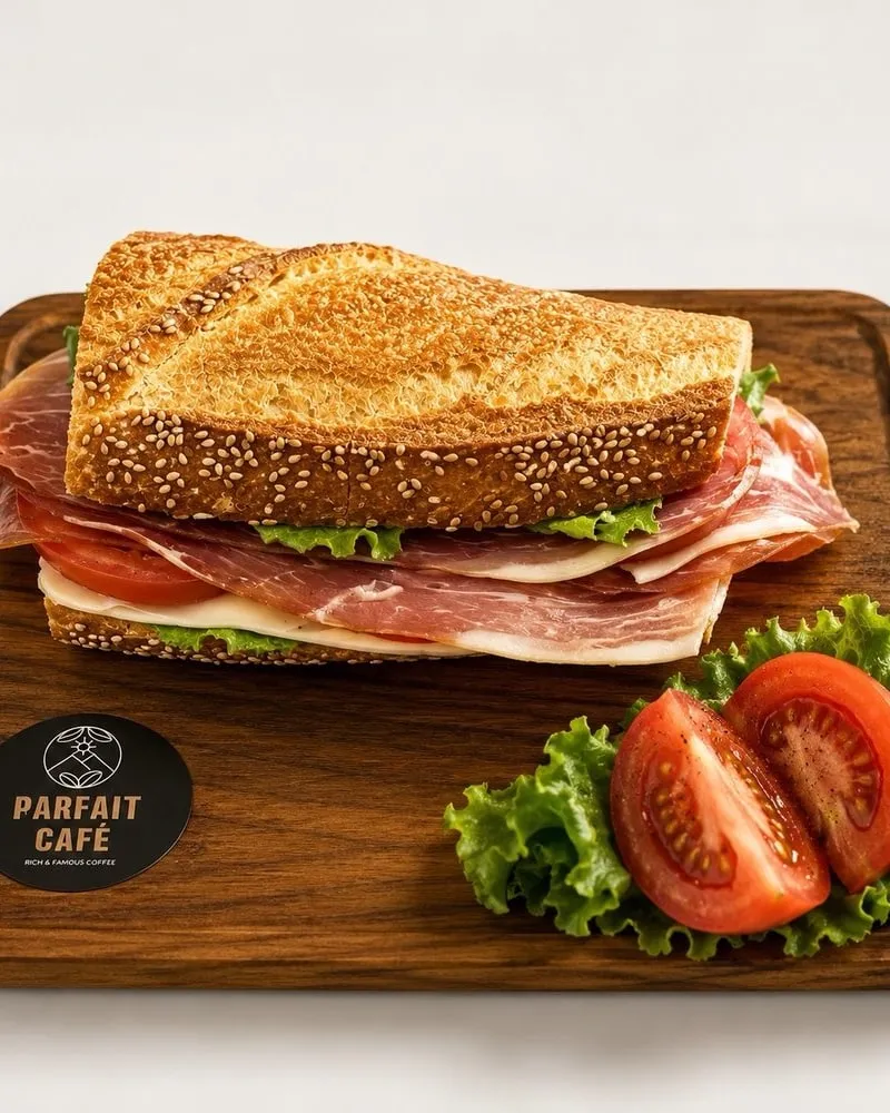 Prosciutto and fresh mozzarella sandwich on a board
